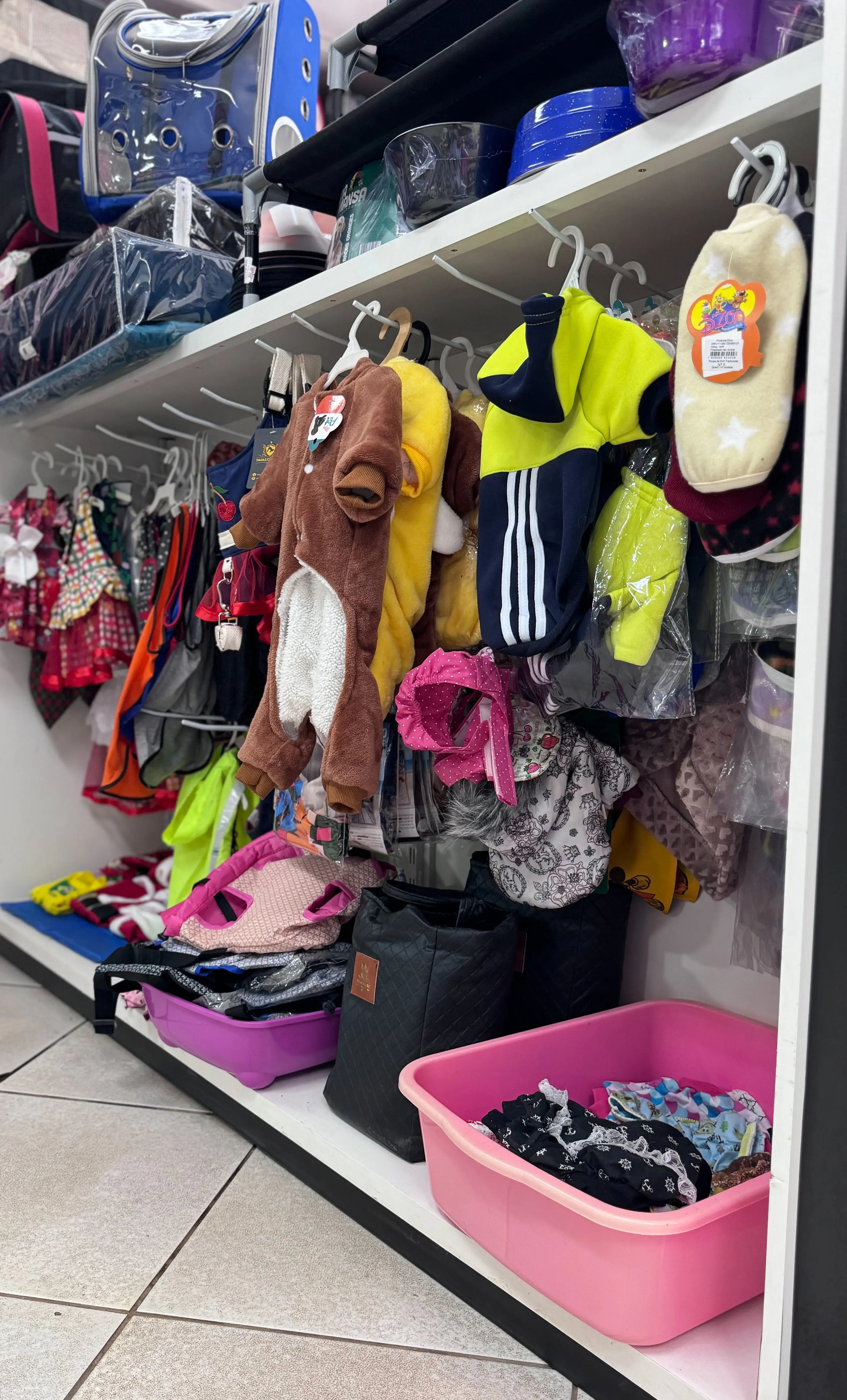 Roupas e itens de moda pet organizados